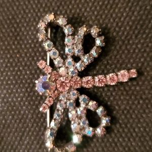 VINTAGE AURORA BOREALIS AND PINK RHINESTONES DRAGONFLY BROOCH